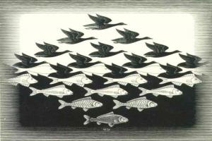 Observe na figura como os patos (ou os espaços entre os patos) se convertem em peixes.